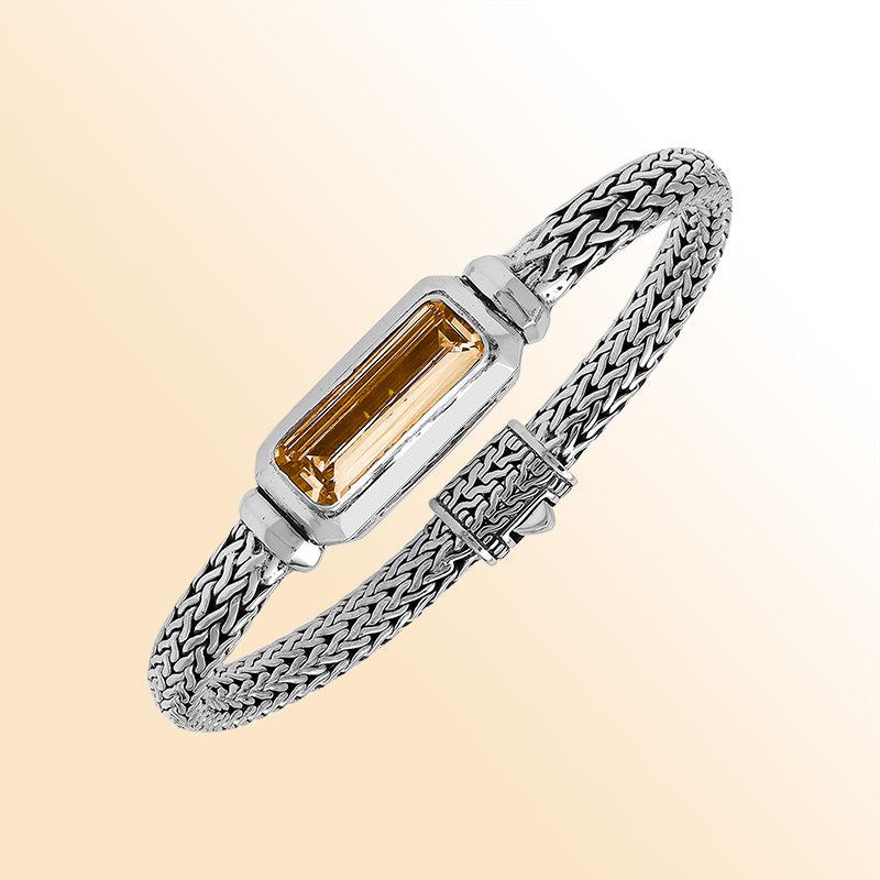 Handcrafted sterling silver bracelet featuring rectangular citrine quartz centerpiece on wheat chain design from Bali.