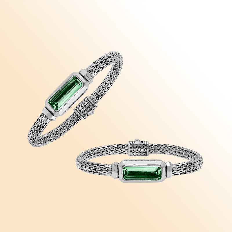 Sterling silver bracelet with green quartz baguette and handwoven Balinese chain handcrafted in Bali.