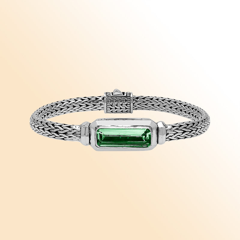 Sterling silver bracelet with green quartz baguette and handwoven Balinese chain handcrafted in Bali.