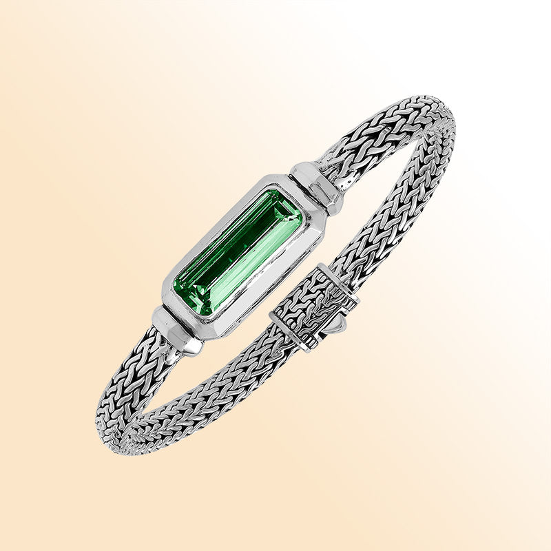 Sterling silver bracelet with green quartz baguette and handwoven Balinese chain handcrafted in Bali.