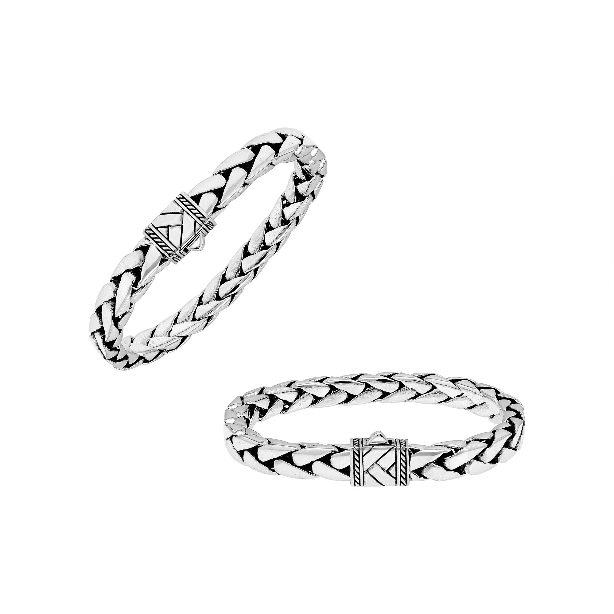 Sterling silver handwoven chain bracelet with carved clasp – unisex artisan Bali jewelry, stylish silver bracelet for men and women.