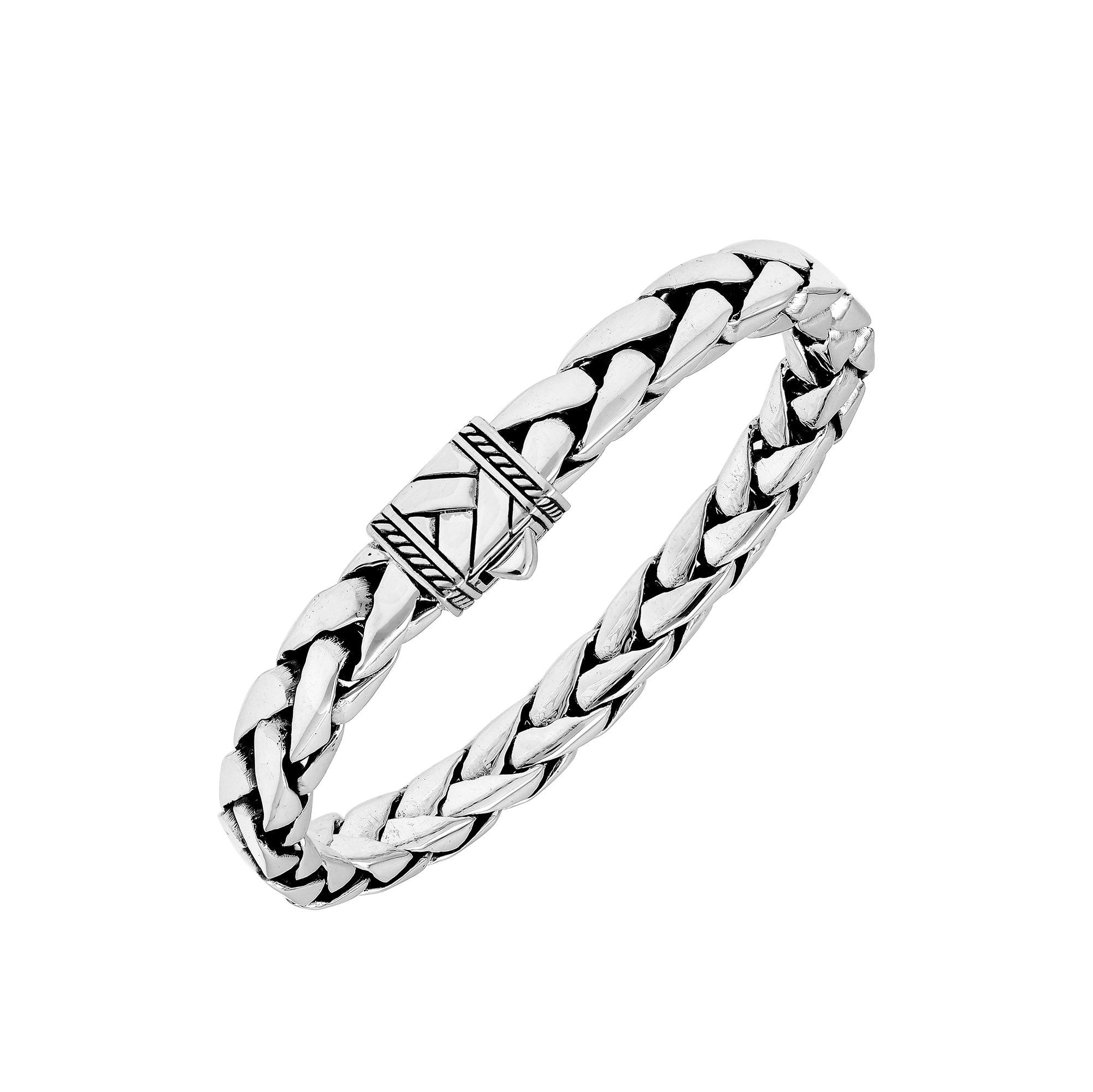 Sterling silver handwoven chain bracelet with carved clasp – unisex artisan Bali jewelry, stylish silver bracelet for men and women.