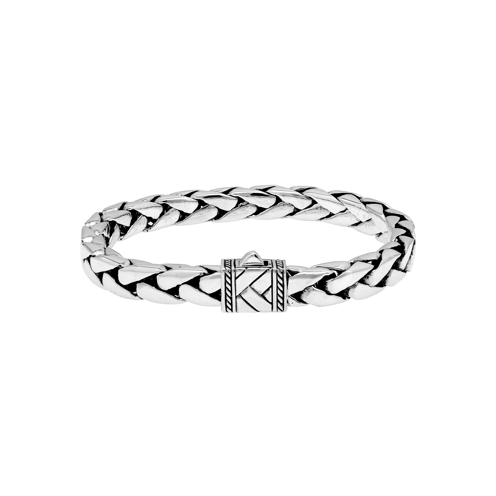 Sterling silver handwoven chain bracelet with carved clasp – unisex artisan Bali jewelry, stylish silver bracelet for men and women.