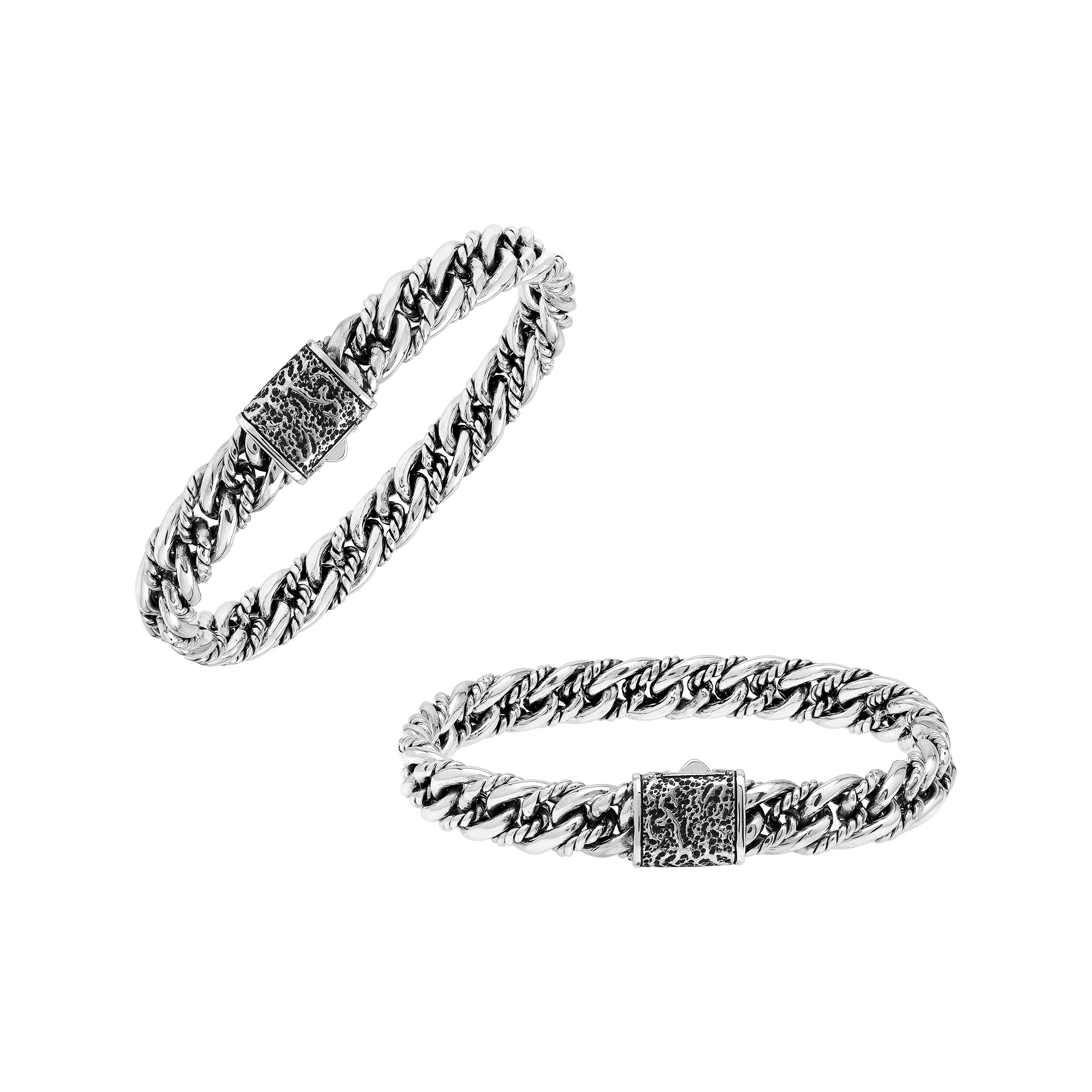 Handcrafted sterling silver woven chain bracelet with textured clasp, elegant unisex Bali jewelry design