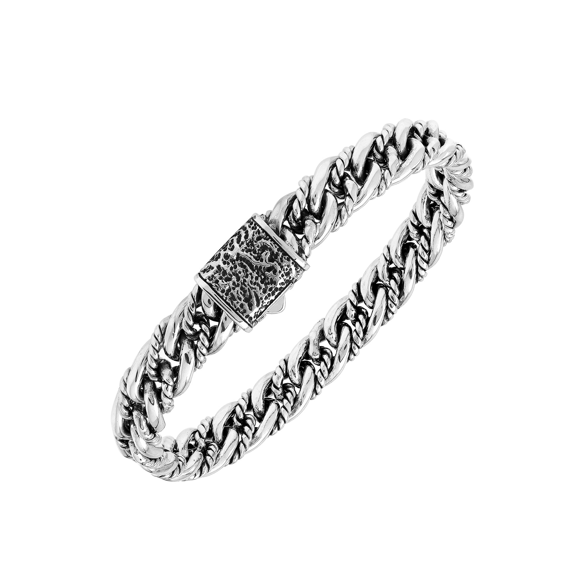 Handcrafted sterling silver woven chain bracelet with textured clasp, elegant unisex Bali jewelry design