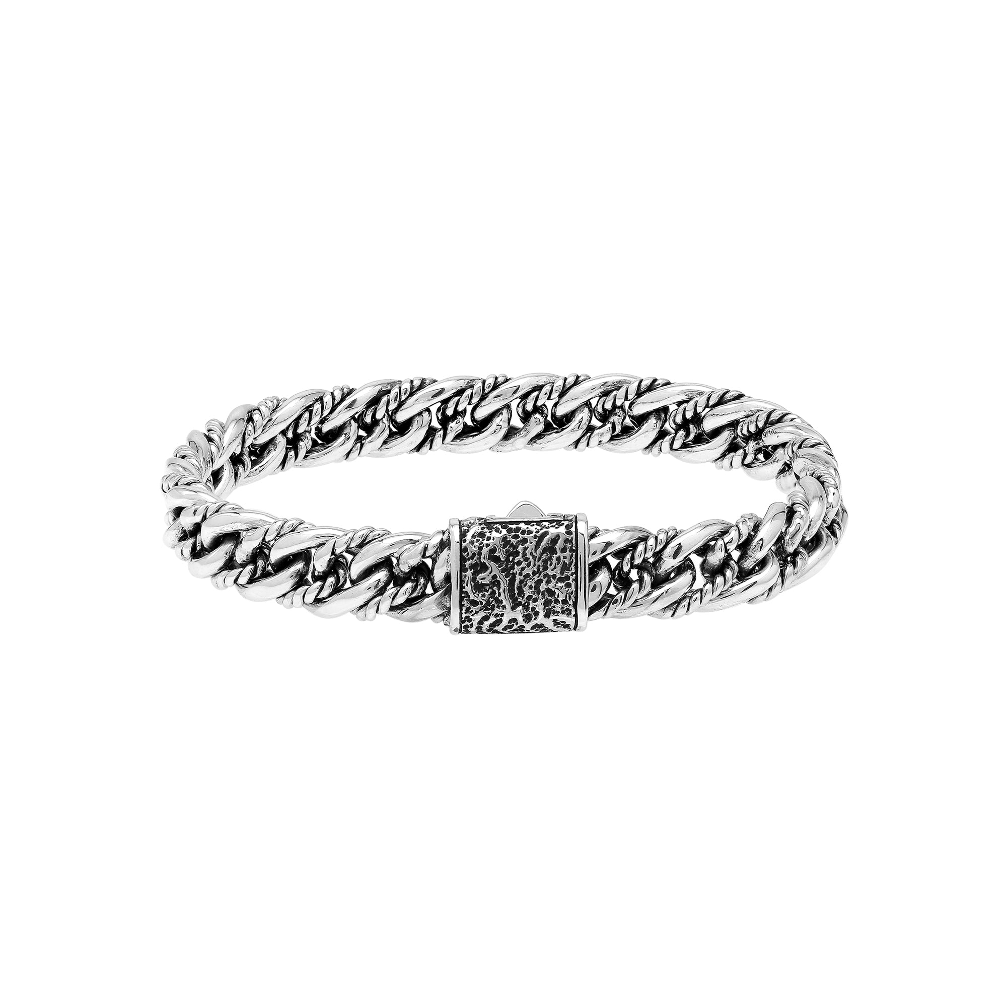 Handcrafted sterling silver woven chain bracelet with textured clasp, elegant unisex Bali jewelry design