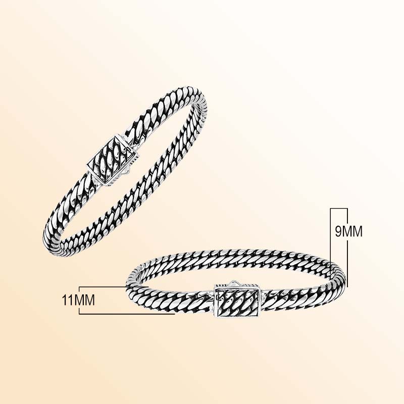 Sterling silver Eternal Weave artisan bracelet featuring dense braided links, oxidized depth, and a textured rectangular clasp