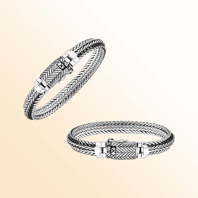 Handcrafted Sterling Silver Trinity Weave Bracelet With Three Braided Chevron Chains, Oxidized Accents And Engraved Box Clasp