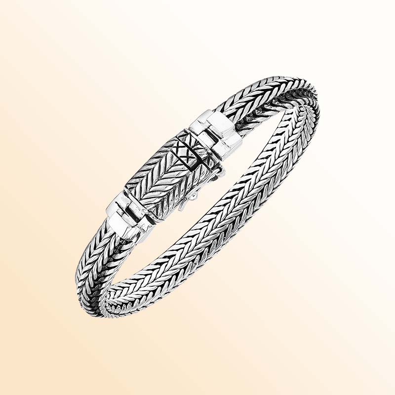 Handcrafted Sterling Silver Trinity Weave Bracelet With Three Braided Chevron Chains, Oxidized Accents And Engraved Box Clasp