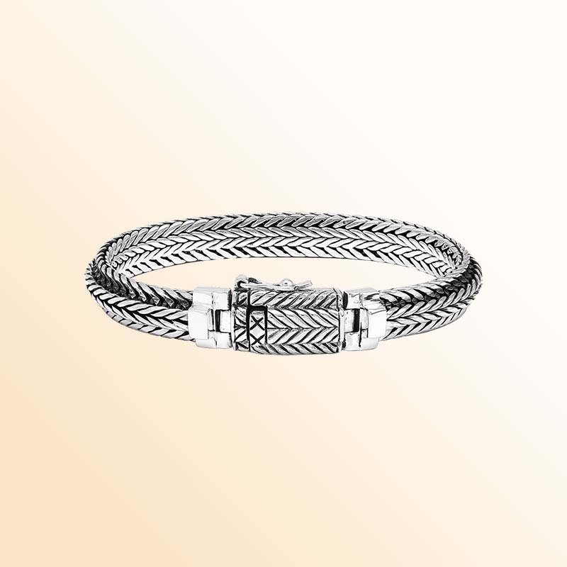 Handcrafted Sterling Silver Trinity Weave Bracelet With Three Braided Chevron Chains, Oxidized Accents And Engraved Box Clasp