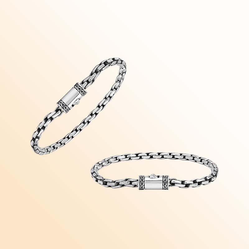 Handcrafted Sterling Silver Heritage Oval Link Bracelet With Polished Links, Oxidized Accents And Decorative Artisan Box Clasp