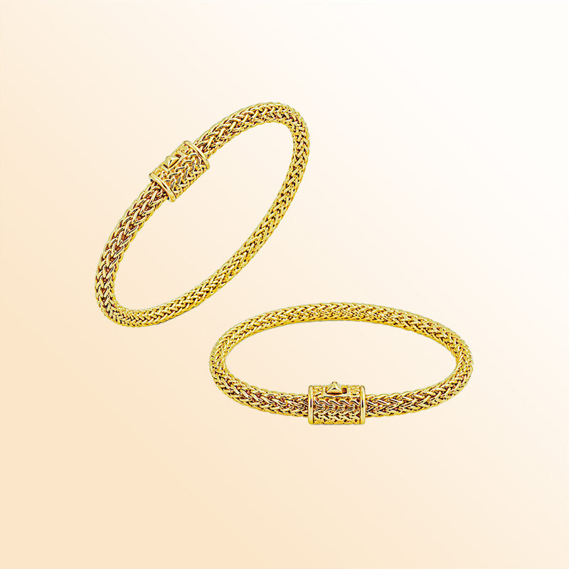 18K gold woven chain bracelet with secure push clasp lock and rich polished gold finish.