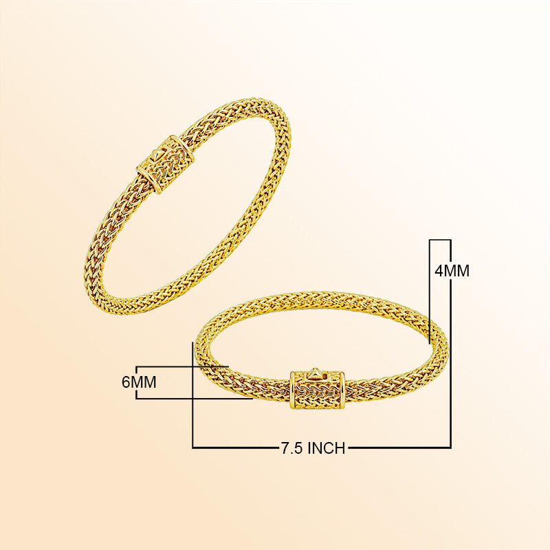 18K gold woven chain bracelet with secure push clasp lock and rich polished gold finish.