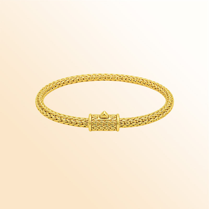 18K gold woven chain bracelet with rounded profile and secure push clasp lock in polished gold finish.
