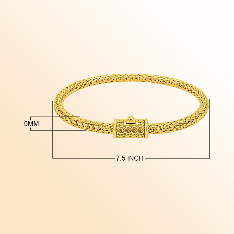 18K gold woven chain bracelet with rounded profile and secure push clasp lock in polished gold finish.