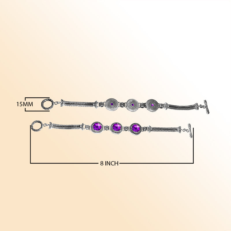 Artisan sterling silver bracelet with faceted Amethyst Quartz, circular motifs, braided chain detailing, and a decorative toggle lock.