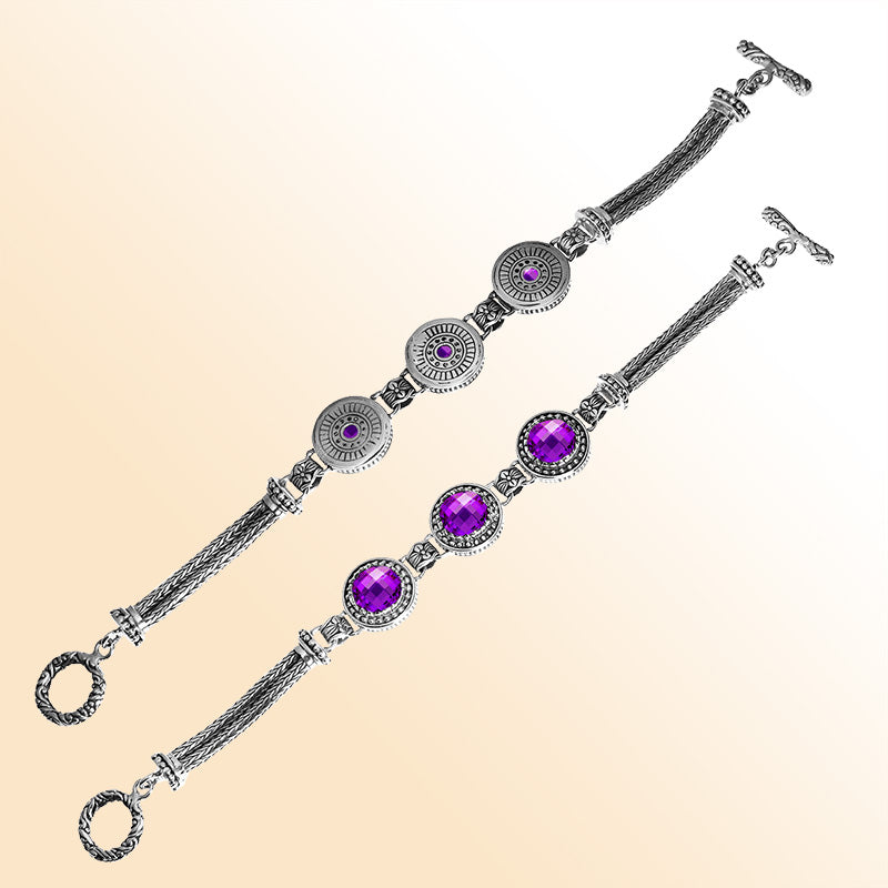 Artisan sterling silver bracelet with faceted Amethyst Quartz, circular motifs, braided chain detailing, and a decorative toggle lock.