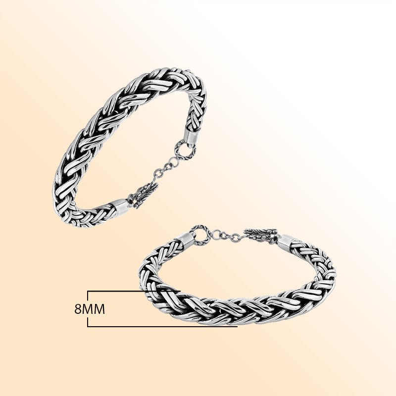 Retail sterling silver bracelet with a bold 8MM round braided chain featuring polished highlights, oxidized accents, and a toggle lock for luxury everyday styling.