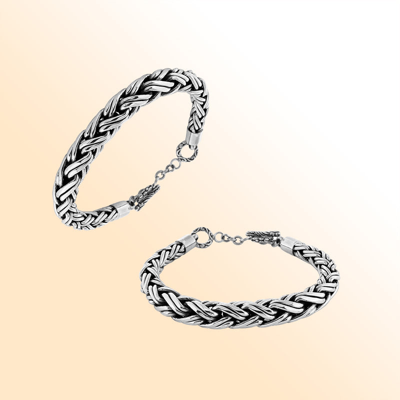 Retail sterling silver bracelet with a bold 8MM round braided chain featuring polished highlights, oxidized accents, and a toggle lock for luxury everyday styling.