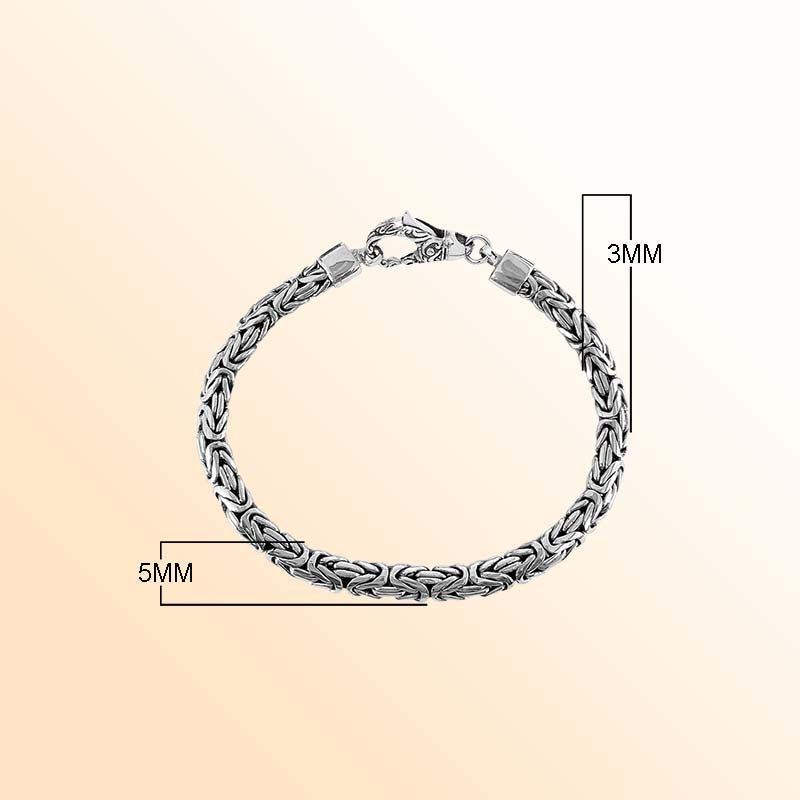 Retail sterling silver bracelet with a refined 3MM x 5MM Balinese woven chain featuring polished surfaces, oxidized accents, and a secure lobster lock for daily wear.
