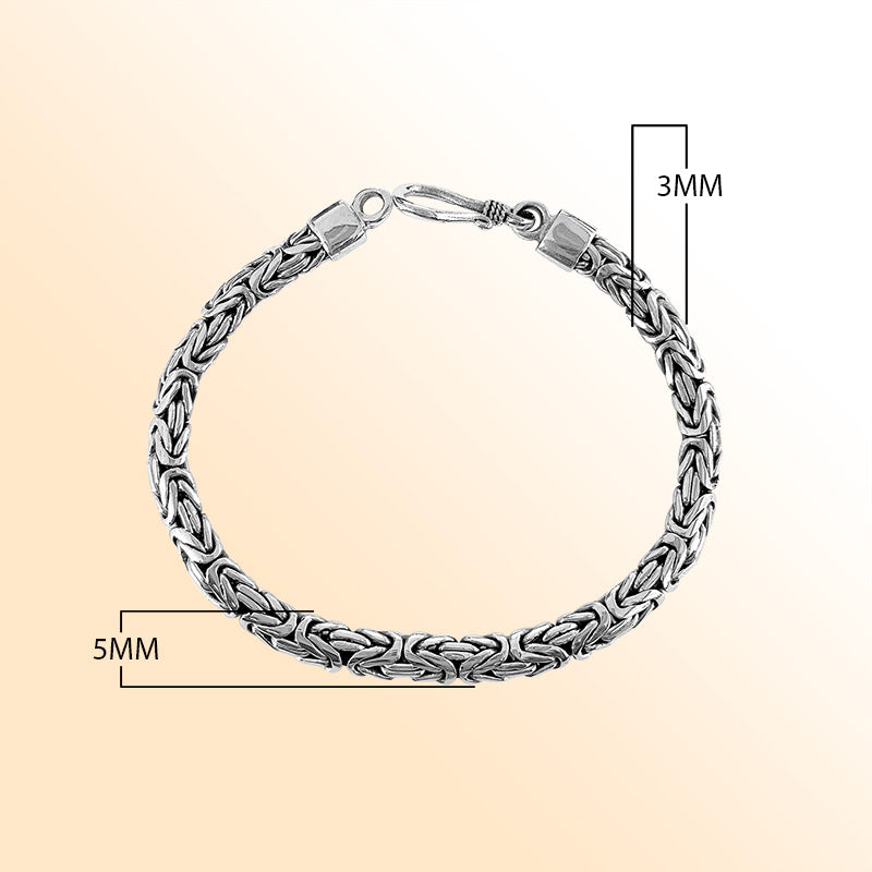 Retail sterling silver bracelet with a refined 3MM x 5MM Balinese woven chain featuring polished surfaces, oxidized accents, and a secure lobster lock for daily wear.