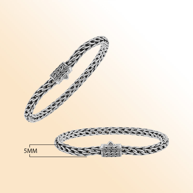 Retail sterling silver bracelet featuring a luxurious 5MM woven Balinese chain with polished detailing and a secure push clasp for elegant daily wear.