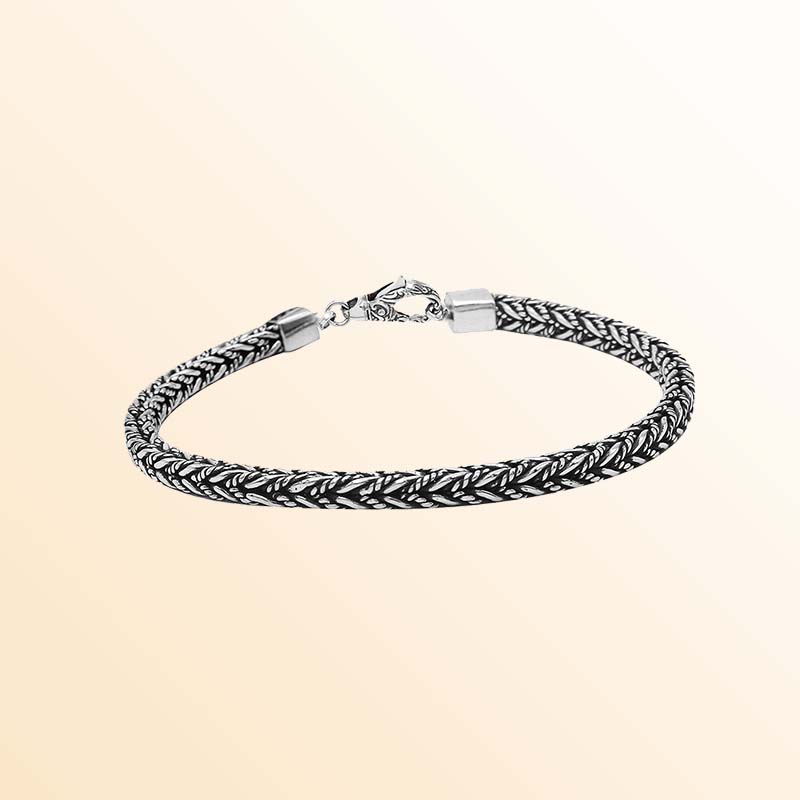 Handcrafted sterling silver wheat chain bracelet with oxidized finish and hook clasp from Bali.