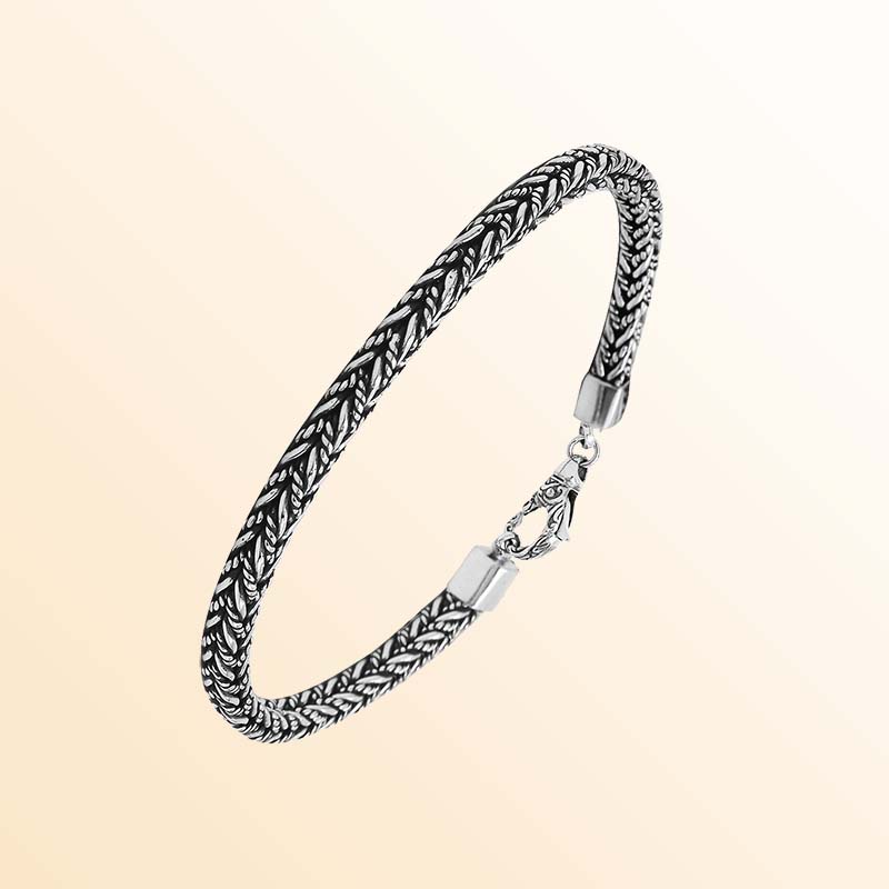 Handcrafted sterling silver wheat chain bracelet with oxidized finish and hook clasp from Bali.