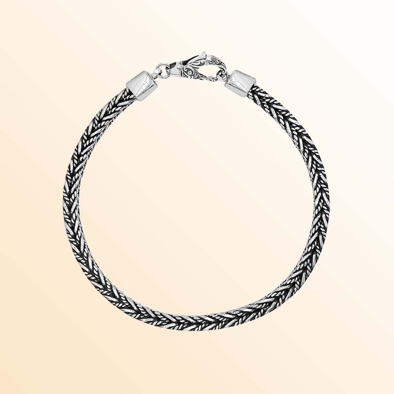 Handcrafted sterling silver wheat chain bracelet with oxidized finish and hook clasp from Bali.