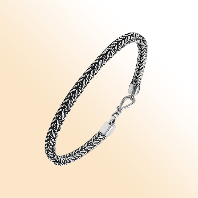 Handcrafted sterling silver wheat chain bracelet with oxidized finish and hook clasp from Bali.