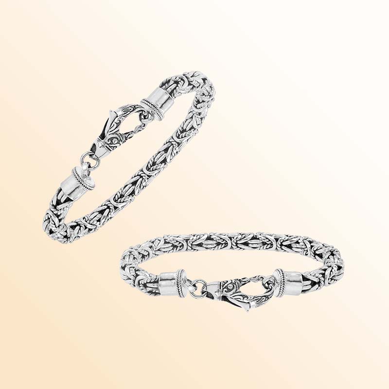 Sterling silver bracelet with Balinese woven wheat-link chain and handcrafted lobster clasp made in Bali.
