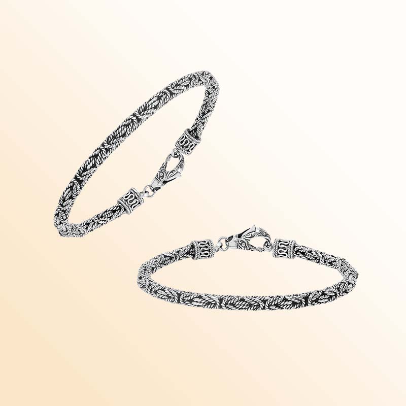 Handcrafted sterling silver Balinese bracelet with oxidized finish and detailed hook clasp.