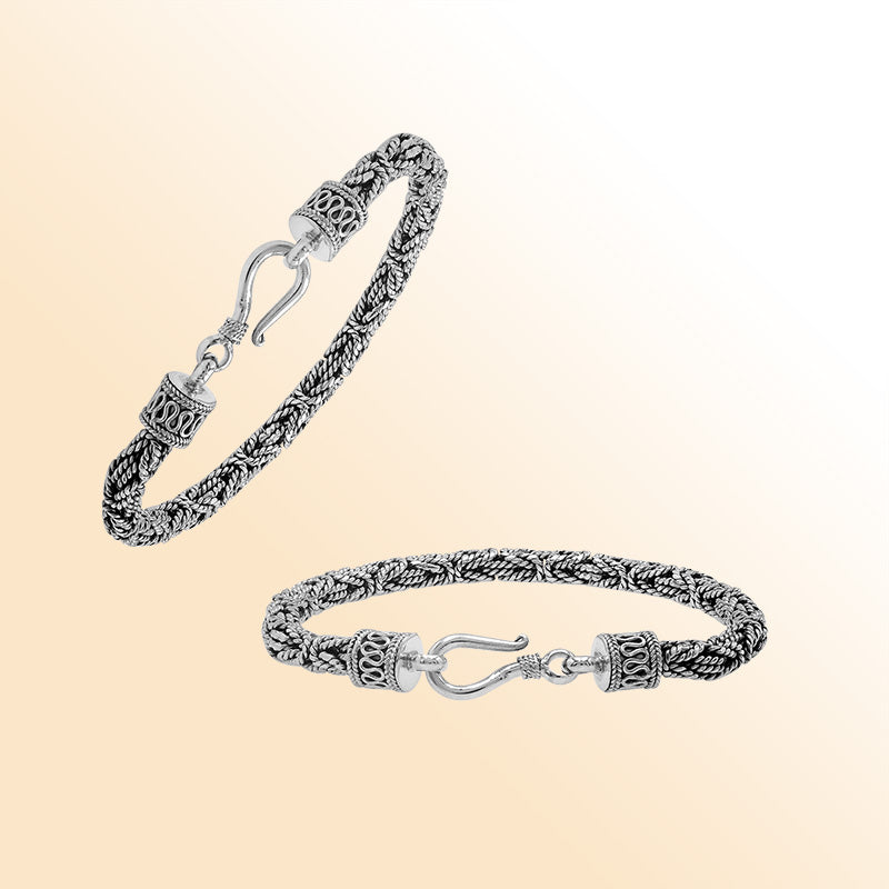 Retail sterling silver bracelet with a polished and oxidized 5MM woven Balinese chain and secure lobster lock for timeless everyday styling.