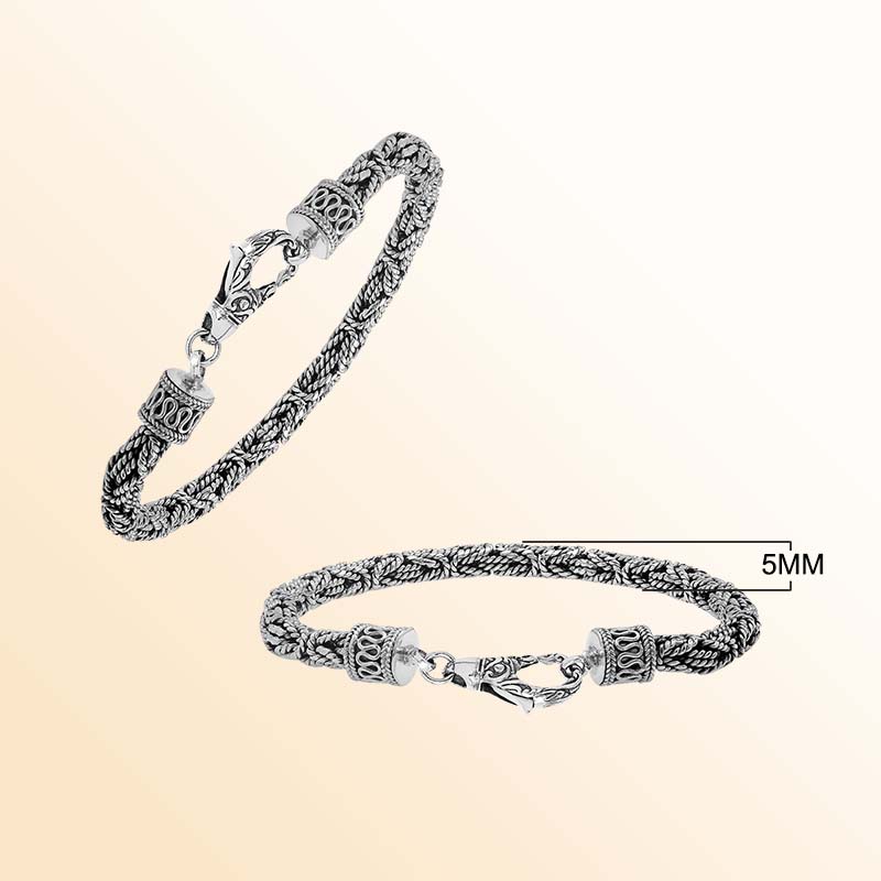 Retail sterling silver bracelet with a polished and oxidized 5MM woven Balinese chain and secure lobster lock for timeless everyday styling.