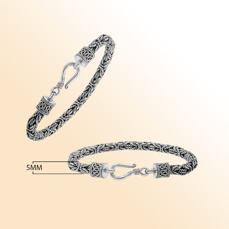 Retail sterling silver bracelet with a polished and oxidized 5MM woven Balinese chain and secure lobster lock for timeless everyday styling.