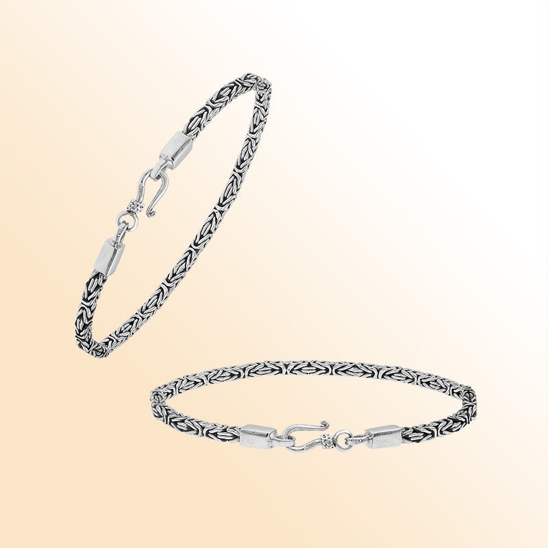Sterling silver Balinese bracelet featuring woven chain design and handcrafted lobster clasp made in Bali.
