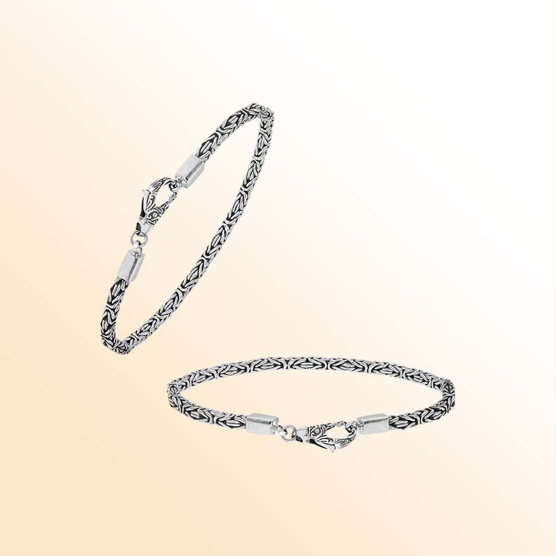 Sterling silver Balinese bracelet featuring woven chain design and handcrafted lobster clasp made in Bali.