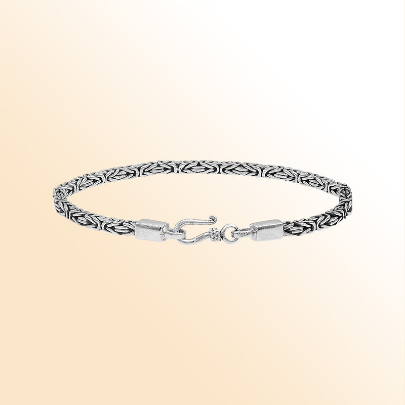 Sterling silver Balinese bracelet featuring woven chain design and handcrafted lobster clasp made in Bali.