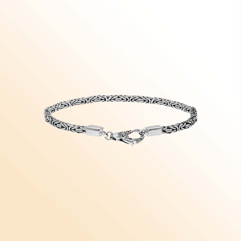 Sterling silver Balinese bracelet featuring woven chain design and handcrafted lobster clasp made in Bali.