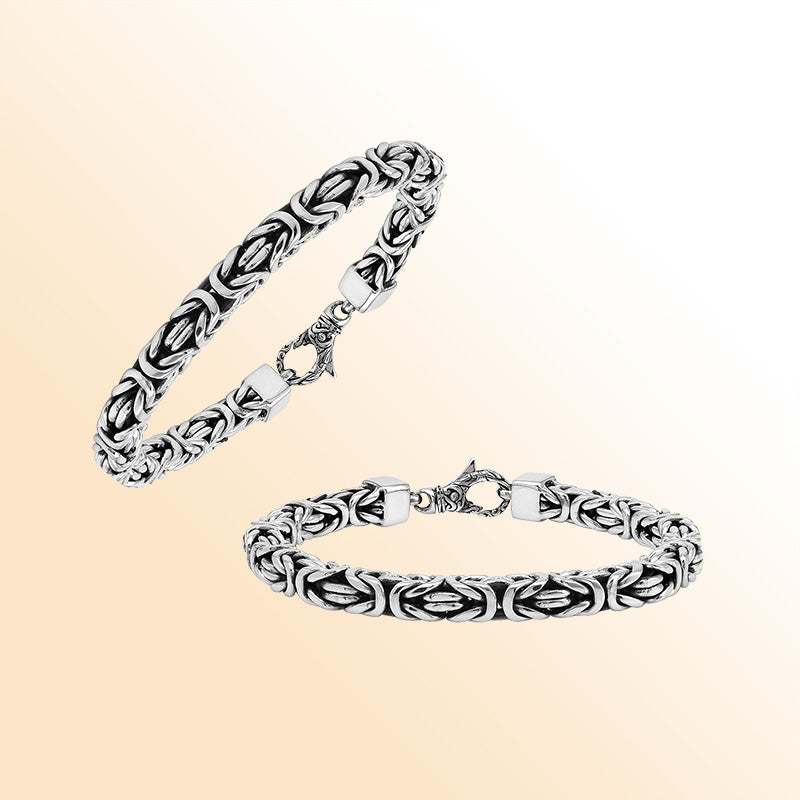 Retail sterling silver bracelet showcasing a detailed 7MM Balinese woven chain with polished and oxidized elements paired with a secure lobster lock.