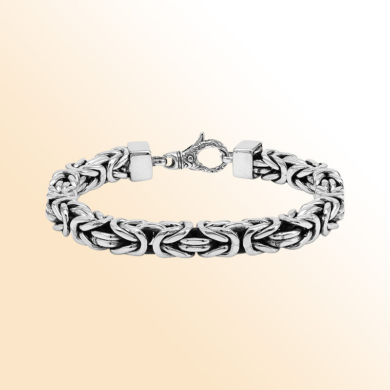 Handcrafted sterling silver square Byzantine bracelet with artisan polish and lobster clasp