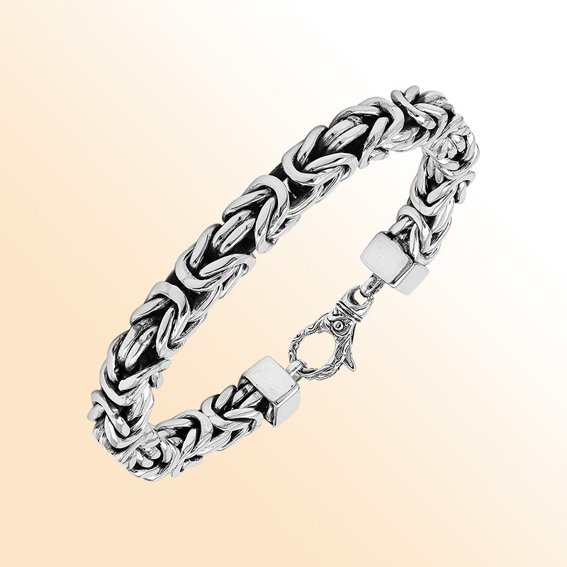 Handcrafted sterling silver square Byzantine bracelet with artisan polish and lobster clasp