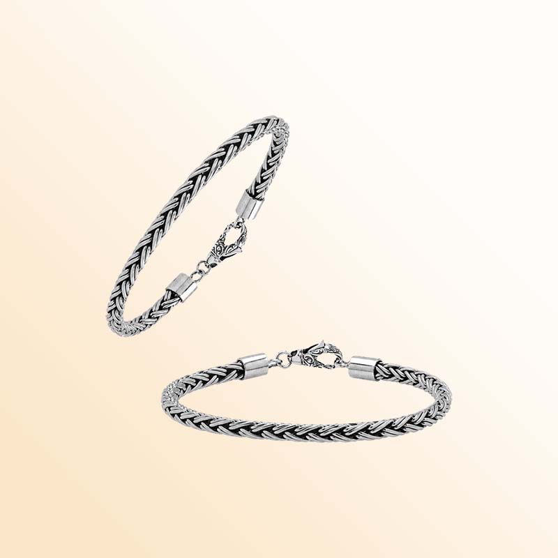 Handcrafted sterling silver Balinese wheat chain bracelet with oxidized finish and hook clasp.