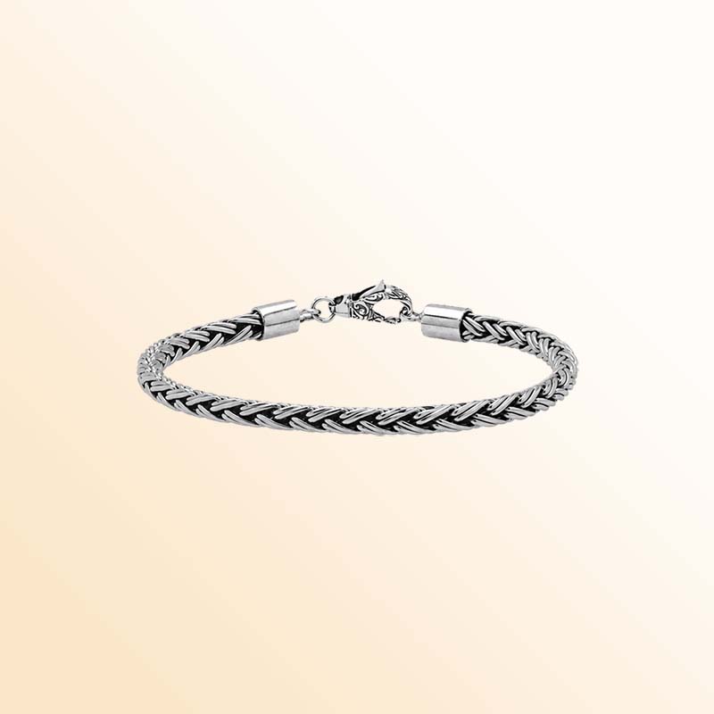 Handcrafted sterling silver Balinese wheat chain bracelet with oxidized finish and hook clasp.
