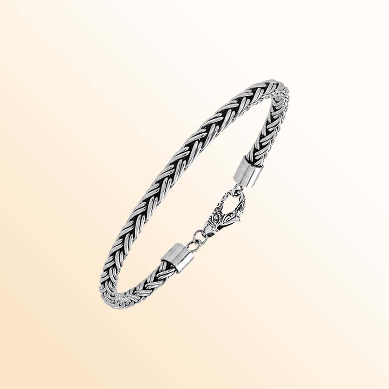 Handcrafted sterling silver Balinese wheat chain bracelet with oxidized finish and hook clasp.