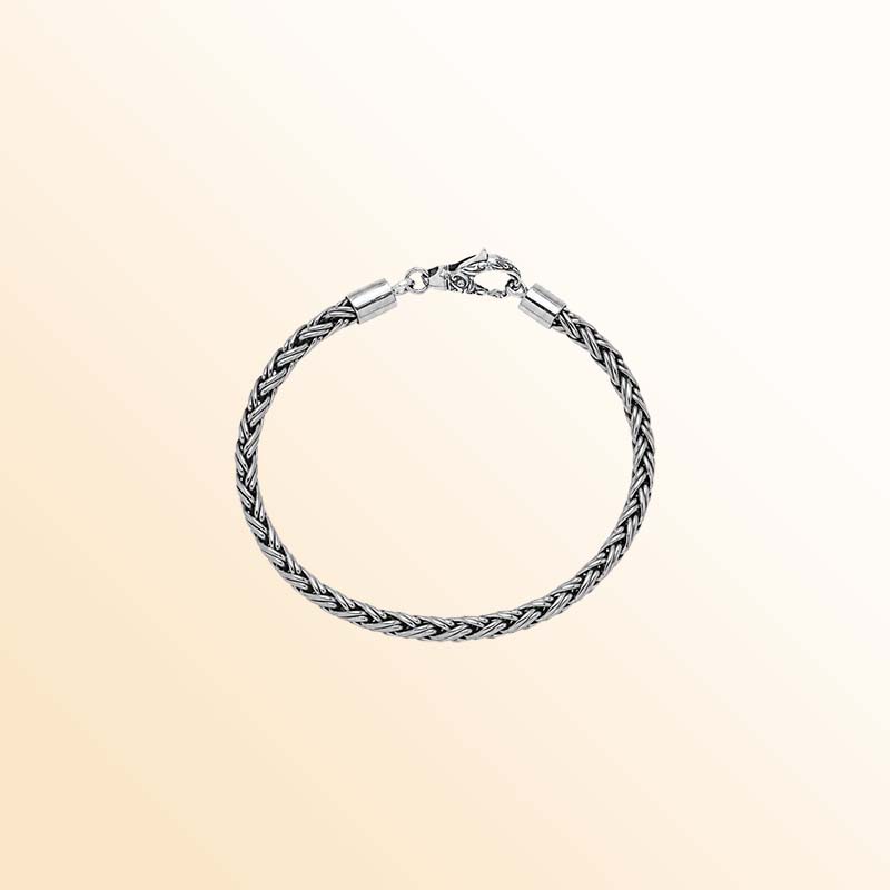 Handcrafted sterling silver Balinese wheat chain bracelet with oxidized finish and hook clasp.
