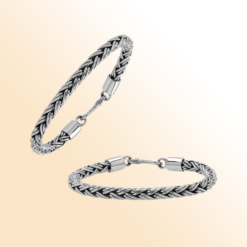 Handcrafted sterling silver Balinese wheat chain bracelet with oxidized finish and hook clasp.