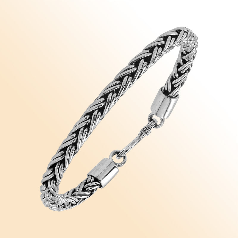 Handcrafted sterling silver Balinese wheat chain bracelet with oxidized finish and hook clasp.