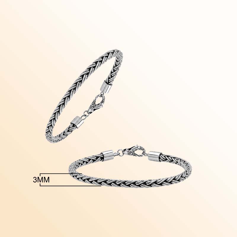Handcrafted sterling silver Balinese wheat chain bracelet with oxidized finish and hook clasp.