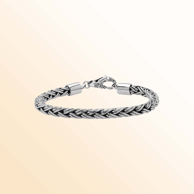 Handcrafted sterling silver Balinese wheat chain bracelet with hook clasp and oxidized detailing.